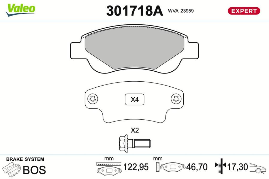 Jeu de 4 plaquettes de frein VALEO ref. 301718A